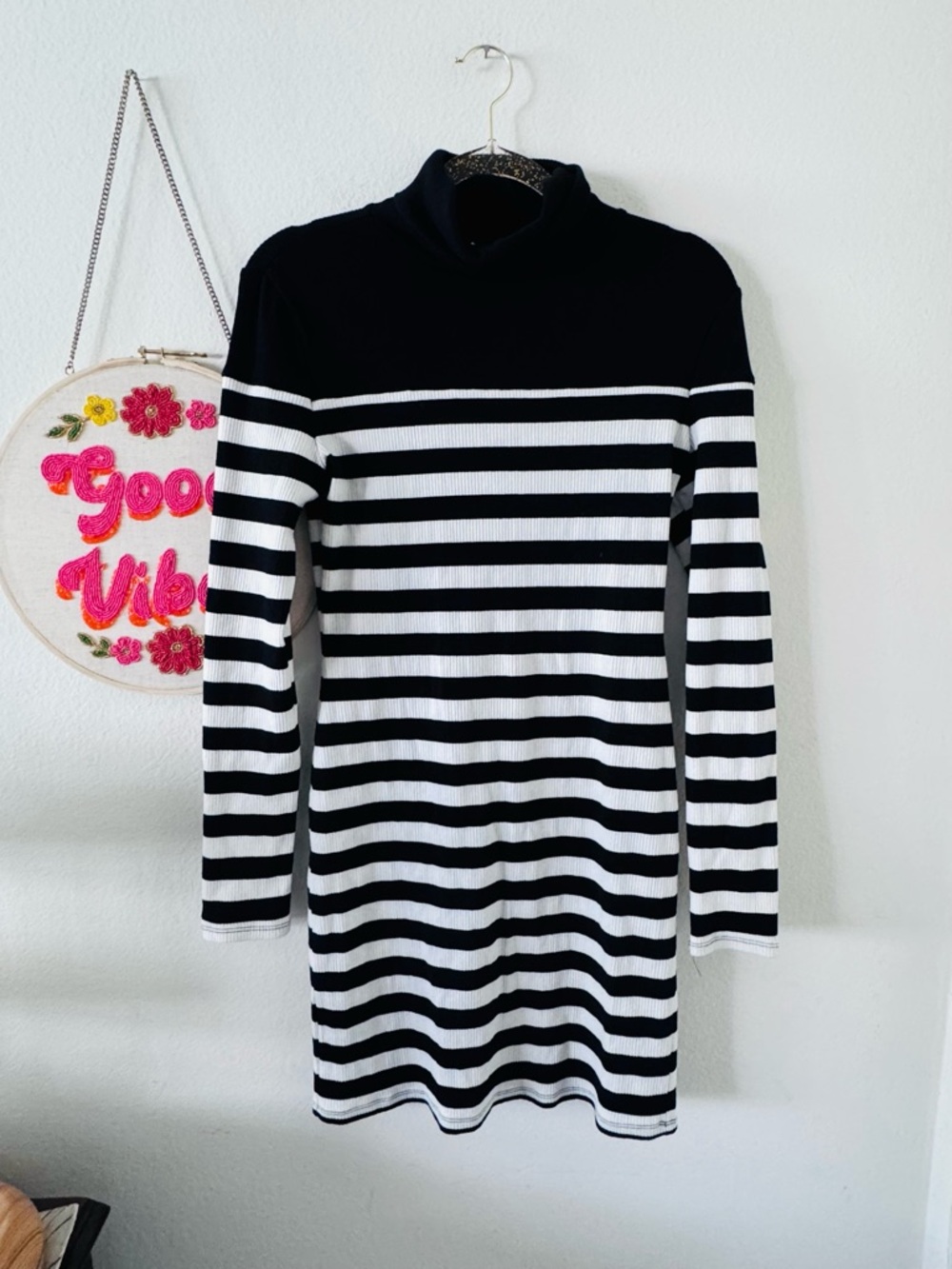 Maison Jules Black & White Striped Turtleneck Knit Dress